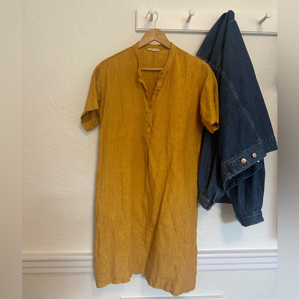 Eileen Fisher - relaxed yellow 100% linen shirt dress - petite small